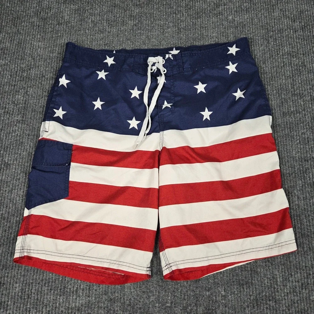 Bioworld Mens American Flag Board Shorts‎ USA Stars Stripes Swim Trunks 2XL